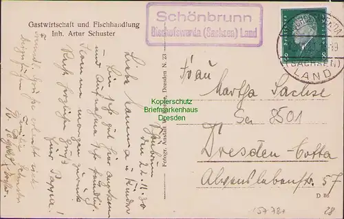 157781 AK Schönbrunn ü. Bischofswerda 1930 Gastwirtschaft Fischhandlung Schuster