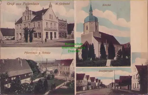 157813 AK Falkenhain um 1910 Colonialwaren Drogerie Galanterie Kirche Pfarrhaus