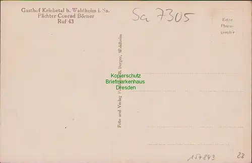 157843 AK Gasthof Kriebetal b. Waldheim i. Sa. Conrad Börner unterh. d Talsperre