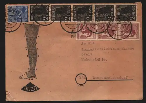 B12840 SBZ Brief Währungsreform Zehnfachfrankatur 1948 Juzo Zeulenroda nach