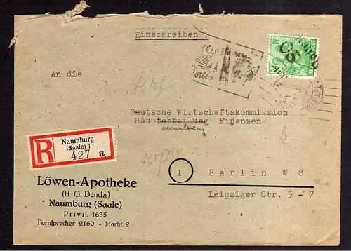 h743 Brief Handstempel Bezirk 20 Naumburg 30.6.48 Löwen Apotheke Einschreiben an