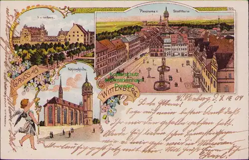 157998 AK Lutherstadt Wittenberg 1904 Litho Schlosskirche Lutherhaus Panorama