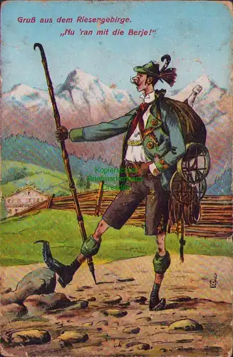 158013 AK Riesengebirge Schnekoppe 1919 Humor Bergsteiger Nu ´ran mit die Berje
