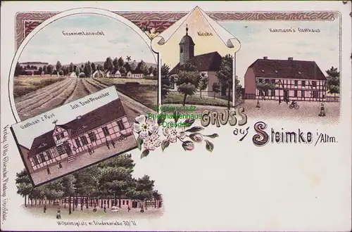 157919 AK Steimke Klötze Altmark Litho um 1900 Gasthaus zur Post Kirche Kahmann