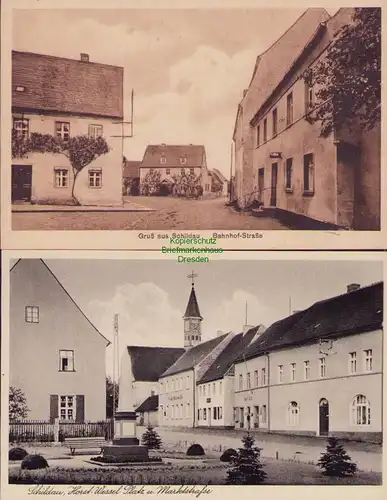 153491 2 AK Schildau  Bahnhof Straße 1927 Platz und Marktstraße