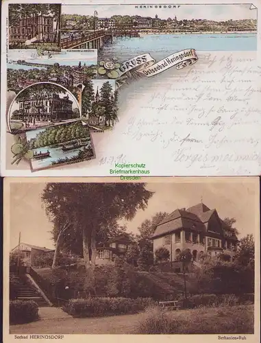 153375 2 AK Ostseebad Heringsdorf Litho 1896 Panorama mit Brücke Seeschloss