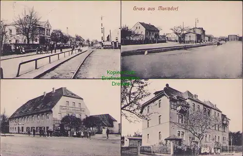 157932 AK Gruss aus Moritzdorf Bahnhof Schmalspurbahn Gasthof zum goldenen Ring
