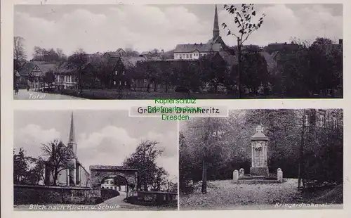 153498 AK Dennheritz 1936 Kirche Schule Kriegerdenkmal Total bei Crimmitschau