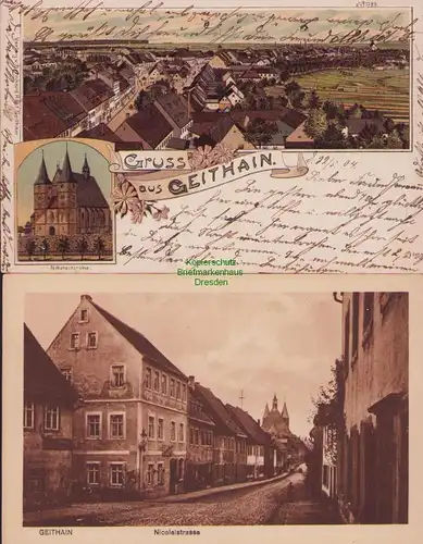 153487 2 AK Geithain 1904 Litho Nicolaikirche Nicolaistrasse um 1920