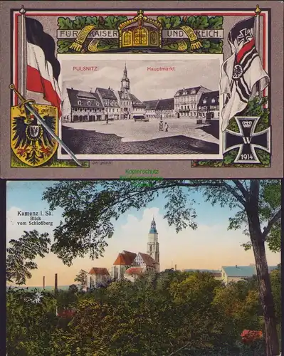 153046 2 AK Kamenz i. Sa. Kirche 1929 Pulsnitz Hauptmarkt 1916 Kaiser und Reich
