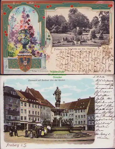 153041 2 AK Freiberg i. Sa. Albert Park 1908 Obermarkt Denkmal Otto des Reichen