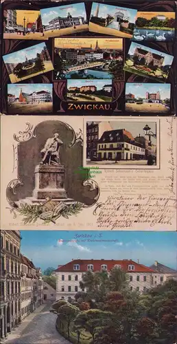 153027 3 AK Zwickau i. Sa. Ingenieurschule Krematorium 1914 Bahnhof Gerburtshaus