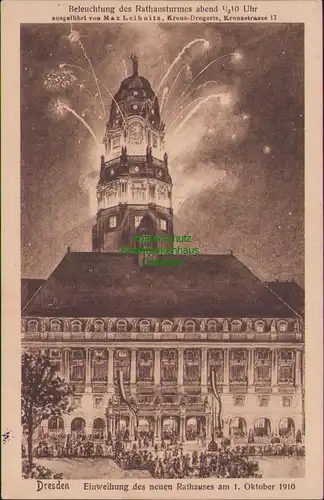 153032 AK Dresden 1910 Einweihung des neuen Rathauses Beleuchtung Kreuz Drogerie
