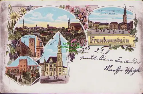 154546 AK Frankenstein Litho 1901 Schiefer Turm Schloss Ruine Rathaus vor Brand