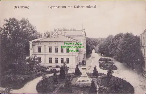 154523 AK Dramburg Drawsko Pomorskie 1911 Gymnasium mit Kaiserdenkmal