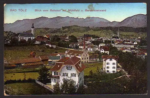 53874 AK Bad Tölz Blick vom Bahnhof auf Mühlfeld u. Benediktenwand um 1914