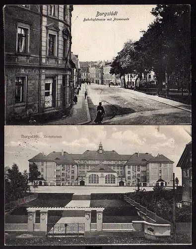 53823 2 AK Burgstädt Bahnhofstrasse Cafe 1907 Zentralschule 1914