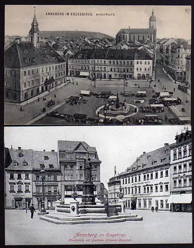 53379 2 AK Annaberg Hotel Restaurant Wilder Mann Markt um 1910 Kirche Markttag