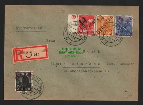 h4283 SBZ Bezirkshandstempel Bezirk 14 R-Brief Niedersedlitz mit Plattennummer 2