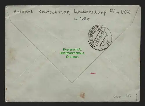 h4208 SBZ Bezirkshandstempel Bezirk 14 R-Brief Leutersdorf 6.7.48 nach Hannover