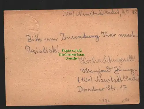 h4272 SBZ Bezirkshandstempel Bezirk 14 Postkarte Neustadt Sachs. 05.7.48 n Riesa