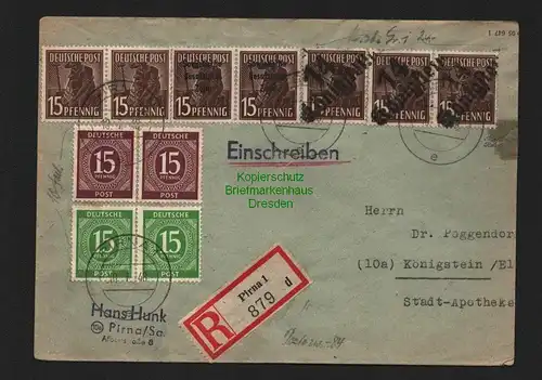 h4204 SBZ Bezirkshandstempel Bezirk 14 R-Brief Königstein Pirna 10.7.48 3x 15 P