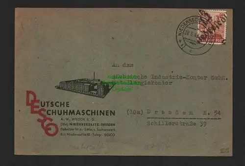 h4277 SBZ Bezirkshandstempel Bezirk 14 Brief Niedersedlitz 28.6. Schuhmaschinen
