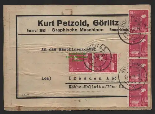 B9977 Brief Adressträger SBZ Gebühr Währungsreform 1948 Zehnfach Görlitz 24.6.48