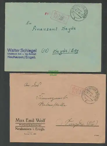 B6090 2x Brief SBZ Gebühr bezahlt 1945 Neuhausen Erzgeb. an Finanzamt Sayda