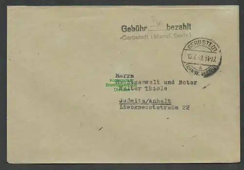 B6142 Brief SBZ Gebühr bezahlt 1948 Gerbstedt nach Jeßnitz Anhalt Währungsreform