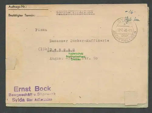 B6107 Brief SBZ Gebühr bezahlt 1945 Sylda über Aschersleben Baugeschäft Sägewerk