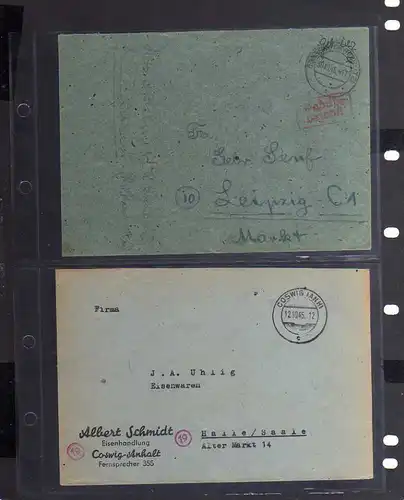 B298 2x SBZ Brief Karte Gebühr bezahlt 1945 Coswig Anh. Cossen Kr. Rochlitz