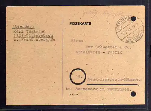 B320 Postkarte SBZ Gebühr bezahlt 1945 Dittersbach Bz. Chemnitz