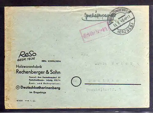 B317 SBZ Brief Gebühr bezahlt 1945 Deutschkatharinenberg ReSo Holzwarenfabrik Re