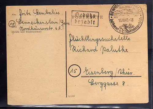 B254 SBZ Gebühr bezahlt 1945 Benneckenstein Harz