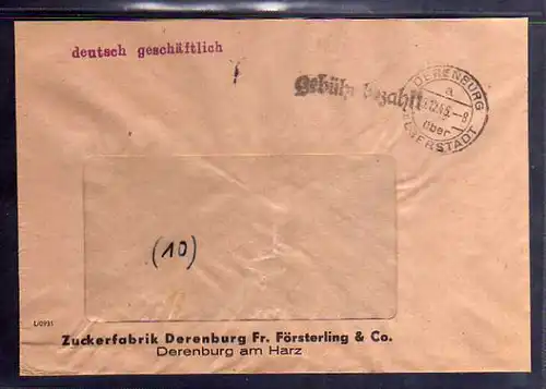 B314 SBZ Brief Gebühr bezahlt 1945 Derenburg über Halberstadt Zuckerfabrik Fr. F