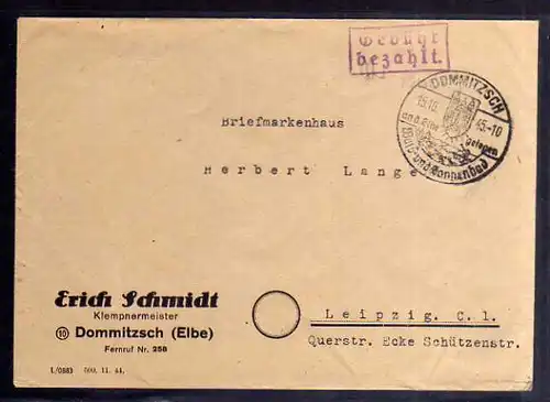 B324 SBZ Brief Gebühr bezahlt 1945 Dommitzsch Klempnermeister Erich Schmidt