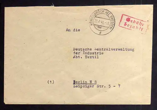 B1935 Brief SBZ Gebühr bezahlt 1948 Währungsreform Königsbrück Bz. Dresden