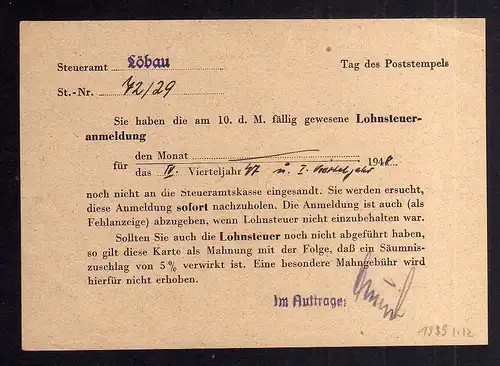 B1939 Postkarte SBZ Gebühr bezahlt 1948 Währungsreform Löbau Sachsen Finanzamt