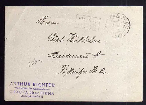 B1958 Brief SBZ Gebühr bezahlt 1948 Währungsreform Graupa über Pirna Werkstätte