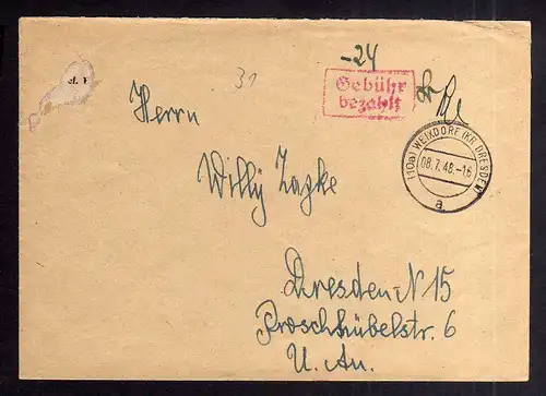 B1980 Brief SBZ Gebühr bezahlt 1948 Währungsreform Weixdorf Kr. Dresden
