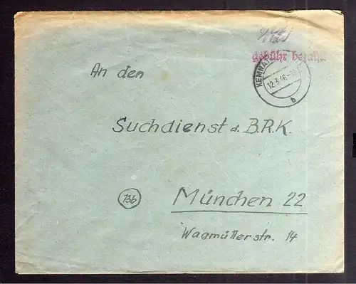 B2023 Brief SBZ Gebühr bezahlt 1946 Kemnath Bayr. Rotes Kreuz Suchkartei