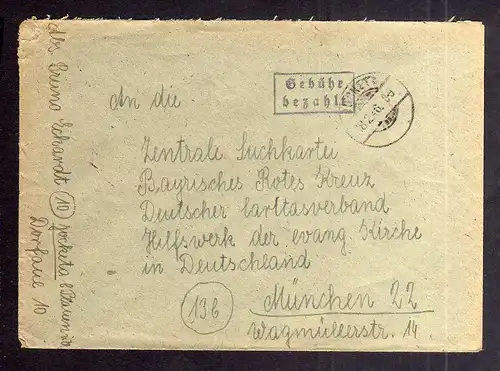 B2021 Brief SBZ Gebühr bezahlt 1946 Joketa Bayr. Rotes Kreuz München Suchkartei