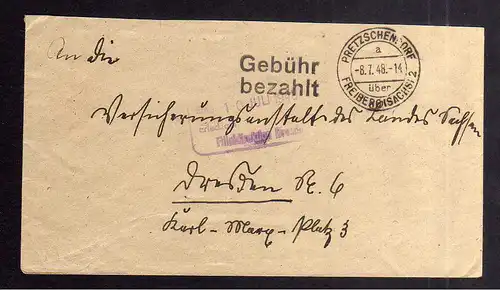 B1921 Brief SBZ Gebühr bezahlt 1948 Währungsreform Pretzschendorf über Freiberg