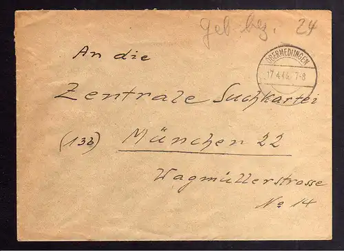 B2123 Brief SBZ Gebühr bezahlt 1946 Obermedlingen über Gundelfingen Bayr. Rotes
