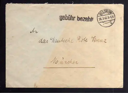 B2082 Brief SBZ Gebühr bezahlt 1946 Beeskow Bayr. Rotes Kreuz Suchkartei München