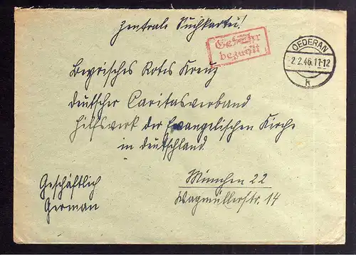 B2033 Brief SBZ Gebühr bezahlt 1946 Oederan Bayr. Rotes Kreuz Suchkartei