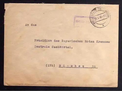 B2097 Brief SBZ Gebühr bezahlt 1946 Mellenbach Thüringerw. Bayr. Rotes Kreuz Suc