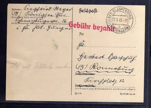 B226 SBZ Gebühr bezahlt 1945 Karte Bad Blankenburg Thüringerw.