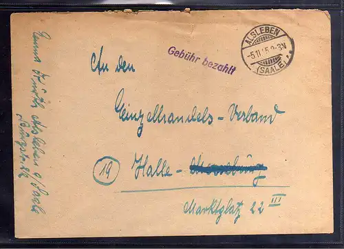 B205 SBZ Gebühr bezahlt 1945 Brief Alsleben Saale 1945